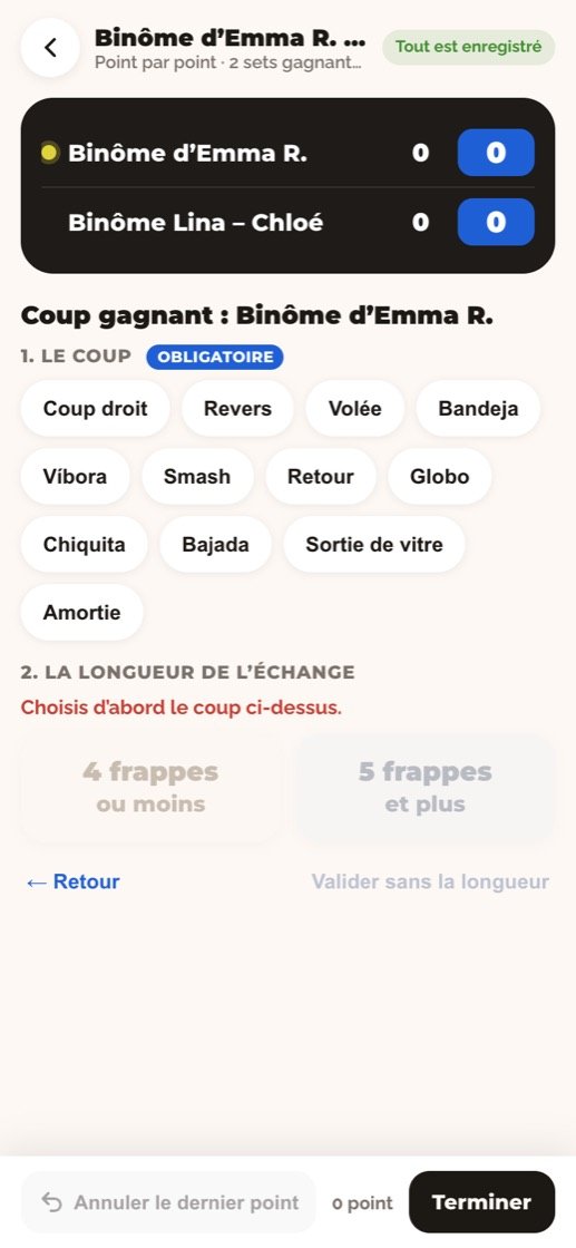 La saisie d’un coup gagnant sur téléphone : bandeja, víbora, chiquita, sortie de vitre…