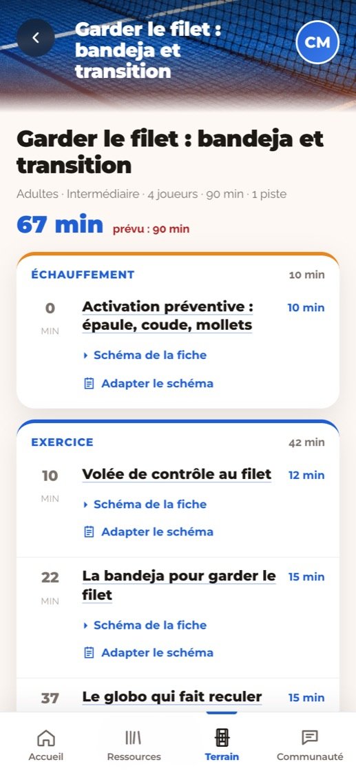 Une séance de 90 minutes sur téléphone, avec ses exercices et leurs schémas